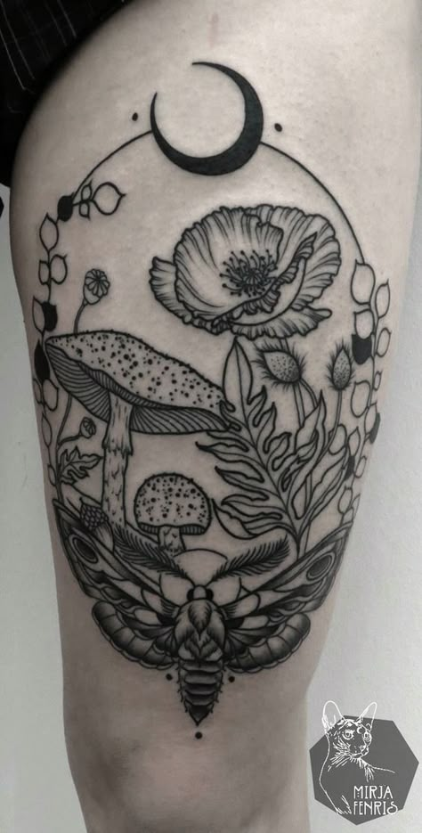 Mirja Fenris Tattoo, Fenris Tattoo, Mushroom Tattoo, Mushroom Tattoos, 4 Tattoo, Inspiration Tattoo, Tattoos Geometric, Moth Tattoo, Botanical Tattoo