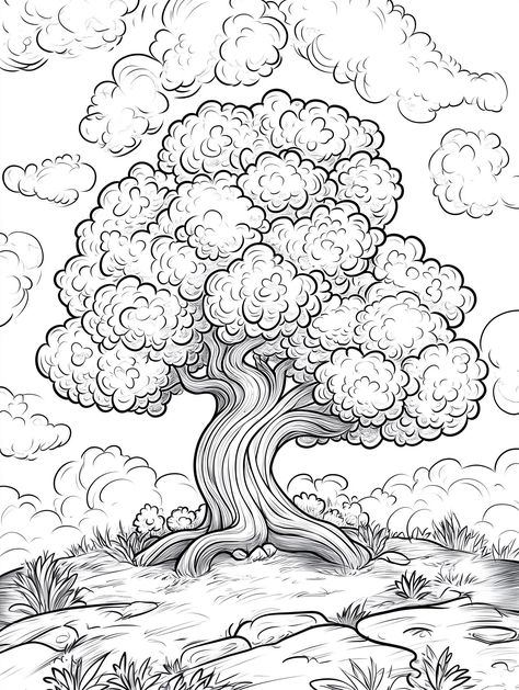 A detailed cartoon drawing of a majestic tree with a thick, twisted trunk and lush, fluffy foliage, surrounded by a natural landscape with clouds and plants. Zentangle Trees, Tree Coloring, Majestic Tree, Whimsical Tree, Tree Coloring Page, Creative Kids, Art Class, Playful Design, Art Classes