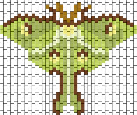 Luna Moth Perler Bead Pattern, Lunar Moth Cross Stitch, Beaded Moth Pattern, Luna Moth Pixel Art, Luna Moth Perler Beads, Snake Pixel Art Grid, Diy Bracelets Patterns Beads, Perler Bead Patterns Kandi, Moth Pixel Art Grid