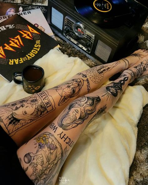 Witchy Traditional Tattoo Sleeve, Witchy Tattoos Leg Sleeve, Witchy Tattoo Cover Up Ideas, Witchy Leg Tattoos Women, Witchy Hand Tattoo Ideas, Witch Aesthetic Tattoo Ideas, Witch Tattoo Thigh, Large Witchy Tattoos, Witch Aesthetic Tattoo Sleeve