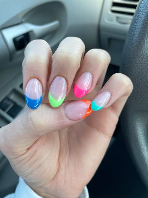 nails, acrylic nail designs, nail art, colorful, pink, lime green, blue nails, cute, trendy Cute Simple French Tip Summer Nails, Dip And Tip Nail Ideas, Short Almond Colorful French Tip Nails, Round Neon Nails, Rainbow Tip Almond Nails, Really Simple Nails, Simple Neon Nails Almond, Bright Dip Nails, Short Almond Acrylic Nails French Tip Rainbow