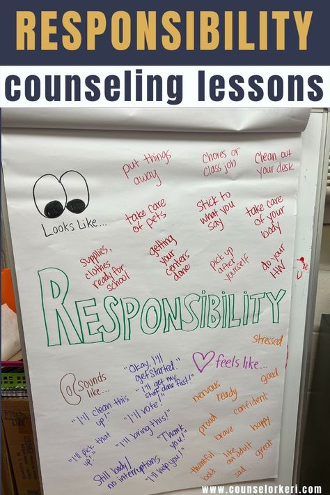 Looking for a fun responsibility counseling lesson? Use this one to help students understand what responsibility is and looks like. Great for responsibility lessons, responsibility counseling activities, responsibility small group counseling activities, and more. Responsibility Lessons Elementary, Responsibility Lessons, Elementary School Counseling Lessons, Counselor Keri, Leadership Ideas, Group Counseling Activities, Mindfulness Activity, Teaching Responsibility, Social Skills Lessons