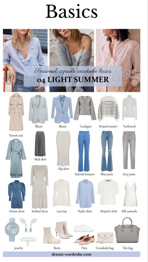 True Summer Outfits Casual, Capsule Wardrobe Light Summer, Light Summer Outfits Capsule Wardrobe, Light Summer Jewelry, Light Summer Outfit Ideas, Soft Summer Palette Outfits, Light Summer Capsule Wardrobe, Light Summer Color Palette Outfits, Base Outfits