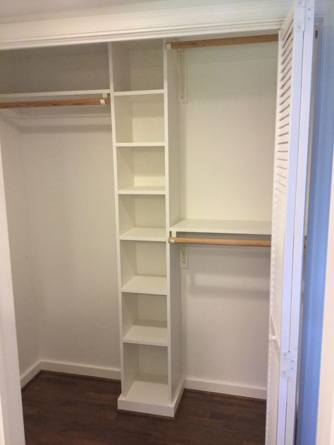 Custom closet Long Narrow Closet Shelving Ideas, Small Closet Reno, Make Small Closet Bigger, Closet Updates On A Budget, Extra Small Closet Ideas, Small Closets Organization, Small His And Hers Closet, Small Closet Built Ins, Tiny Closet Ideas