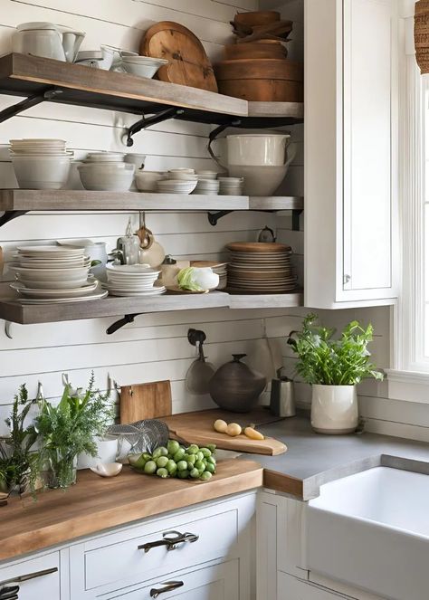 How To Style Open Shelves In Kitchen, Shelf Above Kitchen Window, Styling Open Shelves In Kitchen, Open Kitchen Shelves Decor, Open Kitchen Shelf, Kitchen Shelf Ideas, Open Shelf Kitchen, Kitchen Shelf Decor Ideas, Kitchen Open Shelving Ideas