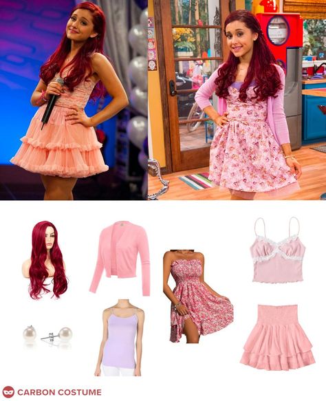 Cat Valentine is a character on the Nickelodeon series, Victorious. She also appears in the spin-off, Sam and Cat. She is portrayed by pop singer Ariana Grande. Cat attends Hollywood Arts to pursue a career in singing and acting. She is the ditzy one of the friend group. While sweet and naive, she can sometimes get irrationally upset. She owns many stuffed animals and she is obsessed with bibble, a colorful popcorn snack. In a stark contrast to Jade, her fashion is very cute and feminine with lo Cat From Victorious Outfits, Cat Outfits Victorious, Cat Valentine Costume, Cat Valentine Halloween Costume, Sam And Cat Outfits, Cat From Sam And Cat, Victorious Costume, Cat Valentine Outfits Victorious, Victorious Fashion