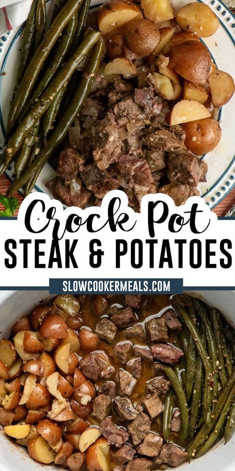 Overhead, look at steak and potatoes on a plate and in a crock pot. Red Potatoes And Green Beans, Crock Pot Steak, Crockpot Steak Recipes, Sirloin Recipes, Sirloin Steak Recipes, Steak And Potatoes, Beans In Crockpot, Slow Cooker Steak, Crockpot Steak