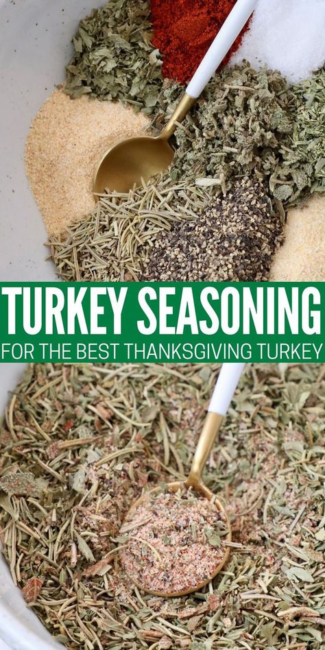 turkey seasoning in bowl with a spoon Sage Rub For Turkey, Turkey Rub Recipes Thanksgiving, Seasoning For Turkey, Best Turkey Seasoning, Vegetarian Turkey, Turkey Rub Recipes, Holistic Food, Herb Blends, Turkey Rub