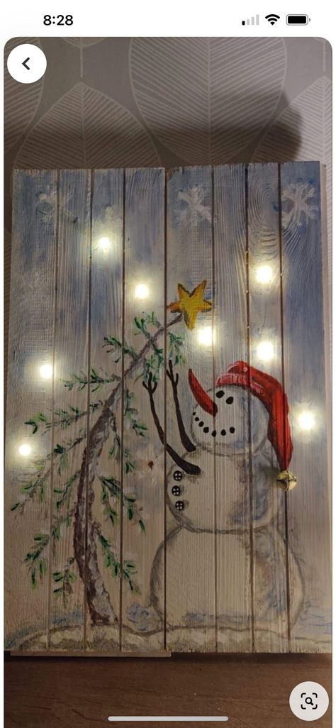 Snowman And Christmas Tree Painting, Christmas Painting On Wood Ideas, Rustic Paintings On Wood, Painted Christmas Lights On Wood, Painted Wood Christmas Signs, Easy Snowman Painting On Wood, Wood Board Painting Ideas Christmas, Christmas Board Painting, Easy Christmas Paintings On Wood