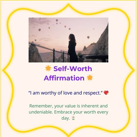 🌟 Self-Worth Affirmation 🌟 “I am worthy of love and respect.” 💖 Remember, your value is inherent and undeniable. Embrace your worth every day. 🌼 #SelfWorth #Affirmation #LoveAndRespect #Inspiration #PositiveVibes #SelfLove #Motivation I Am Worthy Of Love, Selflove Motivation, Worthy Of Love, Your Value, I Am Worthy, Your Values, Self Worth, Love And Respect, Uplifting Quotes