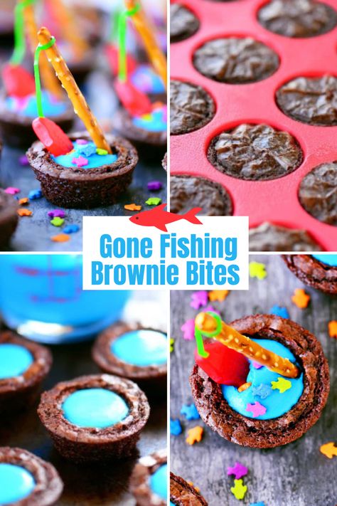 Brownie bites collage. Fishing Theme Food, Fishing Snacks, Fish Themed Food, Fishing Party Food, Fishing Theme Birthday, Gummy Fish, Brownie Bites Recipe, Kids Recipe, Dessert Table Birthday