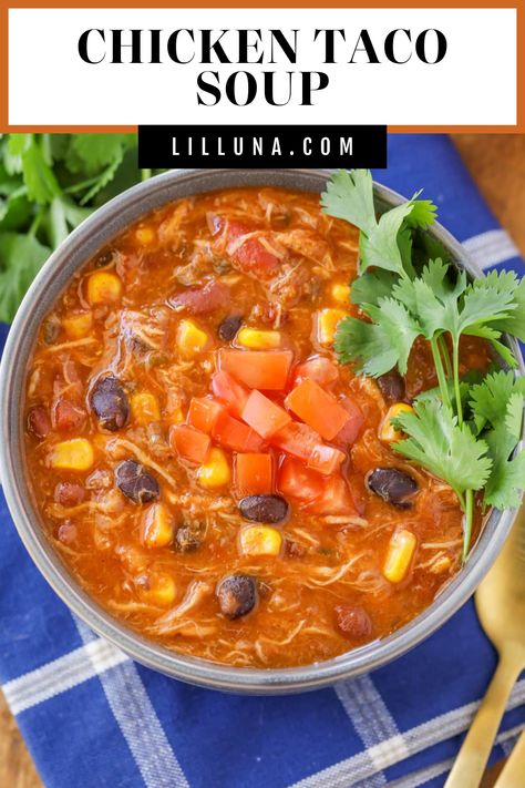 Perfectly spiced Chicken Taco Soup can be enjoyed all year long. It's hearty, delicious, and packed with flavor! #tacosoup #chickenrecipes #souprecipes #soup #crockpot Chicken Fajita Soup Crockpot, Healthy Delicious Soups, Crockpot Chicken Taco Soup, Spicy Soup Recipes, Chicken Taco Soup Recipe, Mild Taco Seasoning, Soup Crockpot, Make Shredded Chicken, Chicken Tacos Easy