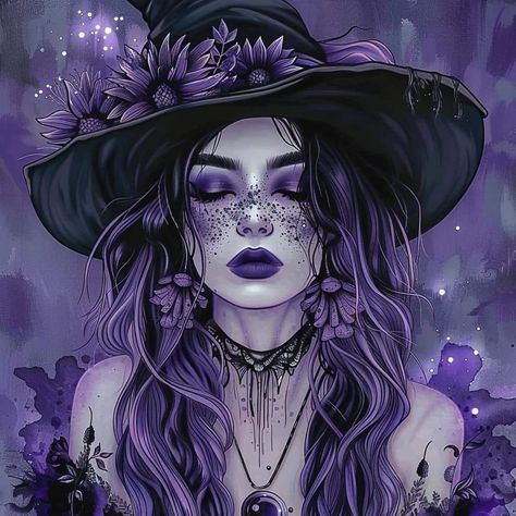 Dark Beauty Aesthetic, Purple Witchy Aesthetic, Purple Witch Aesthetic, Witch Artwork, Witch Portrait, Beautiful Witches, Sagittarius Wallpaper, Floral Witch, Witch Purple