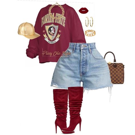 It’s giving game day glam divas! 💋 We’re taking sporty chic to a whole new level with this FSU sweatshirt paired with denim shorts and some slayin’ maroon boots. Add a little gold accessories and that classic LV, and you’re ready to strut through the tailgate like it’s Fashion Week! Who says you can’t be comfy and fabulous at the same time?💁🏾 • Comment SHOP below to receive a DM with the link to shop this post on my LTK ⬇ https://liketk.it/4RfMS • FSU Game Day! #TailgateChic #PrissyChicStyl... Shorts And Boots Outfits Night Out, Maroon And Gold Outfits For Women, Thanksgiving Outfits Women Black Woman, Mon Wife Outfit, Florida Classic Weekend Outfits, Signing Day Outfits, Friendsgiving Outfits Women, Famu Outfit, Usher Concert Outfit Ideas Women