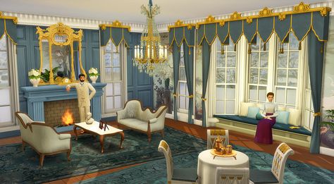 Sims 4 Victorian Furniture, Column Fireplace, Room Objects, Gothic Curtains, Victorian Sitting Room, Sims Decor, Victorian Curtains, Regency Dresses, Victorian Room