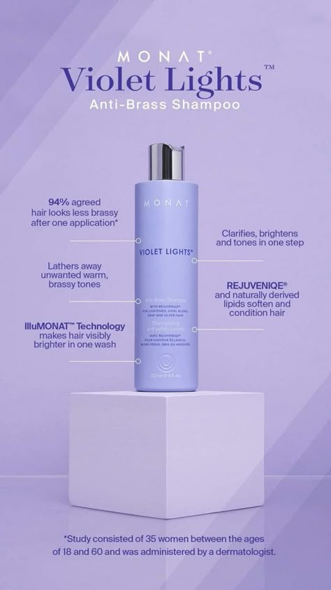 Brighter Hair in One Wash! When blonde, balayage; or highlights start to fade, you need brass-kicking technology! Our new Violet Lights™ Anti-Brass Shampoo and Anti-Brass Toning Masque deliver by neutralizing unwanted yellow and brassy tones for brighter hair in one wash! #monat #monathaircare #purpleshampoo #purplemasque #hairproducts #antiaginghaircare Shampoo Ads Creative, Wisuda Photoshoot, Purple Skincare, Purple Packaging, Silver Hair Shampoo, Skincare Website, Monat Black Shampoo, Monat Black, Brassy Hair