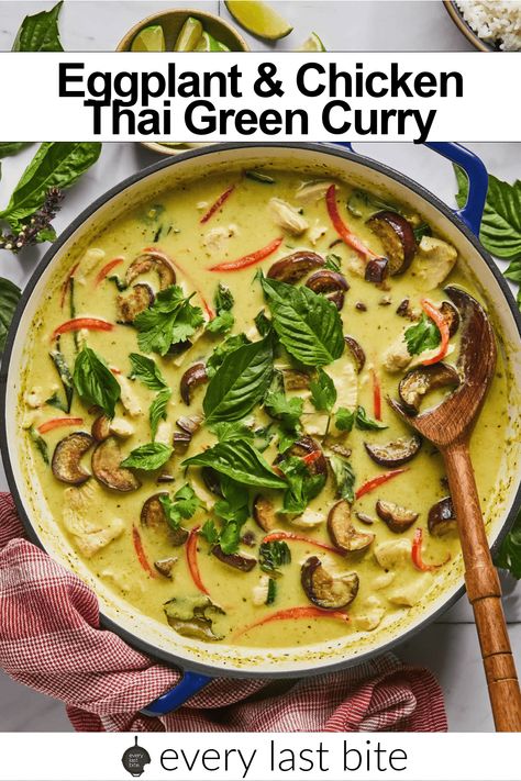 Eggplant & Chicken Thai Green Curry Eggplant Green Curry, Thai Green Curry Chicken With Eggplant, Thai Eggplant Recipes, Green Curry Recipes Thai, Thai Eggplant Curry, Chicken Curry Crockpot, Thai Dinner Recipes, Thai Green Curry Chicken, Crock Pot Curry