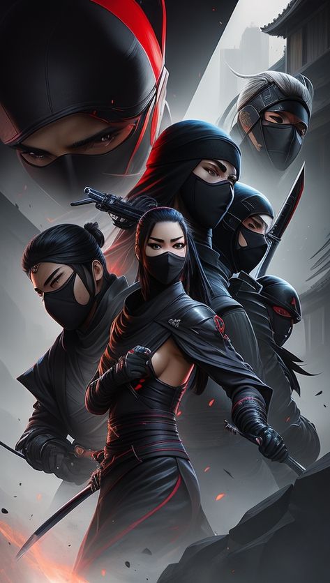 Splash art of ninja assassins Ninjas Art, Oni Aesthetic, Modern Ninja, Ninja Assassin, Ninja Shadow, Ninja Mask, Female Samurai, Female Monster, Arte Ninja