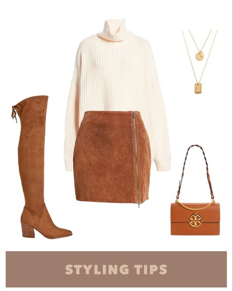 Skirt Outfits Date Night, Over The Knee Boot Outfit Fall, Suede Skirt Outfit Fall, Camel Skirt Outfit, Sneaker Outfit Fall, Brown Skirt Outfit, Suede Skirt Outfit, Fall Skirt Outfits, Skirt Outfit Fall