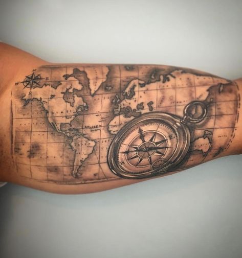 Compass And Map Tattoo, Nautical Tattoo Sleeve, World Map Tattoos, Globe Tattoos, Map Tattoo, Map Tattoos, Forarm Tattoos, Forearm Sleeve Tattoos, Nautical Tattoo