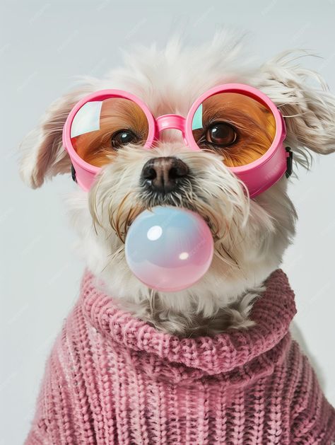 Premium Photo | A Maltese dog wearing glasses and a shirt blowing bubble gum Dog Wearing Glasses, Dog Glasses, Pets Photos, Blowing Bubble Gum, Funny Artwork, Dog Pop, Bubble Fun, Dog With Glasses, Maltese Dog