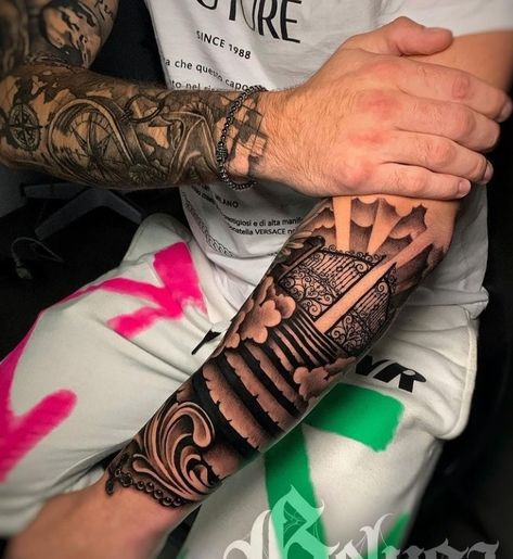 Guys Forearm Tattoos, Sleeve Tattoos Arm, Gates Of Heaven Tattoo, Tattoos For Guys Forearm, Forearm Tattoos For Guys, Lion Arm Tattoo, Photographer Tattoo, Memorial Tattoo Ideas, Arm Tattoos For Guys Forearm