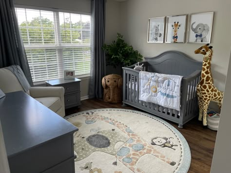 Grey Jungle Theme Nursery, Grey Crib Nursery Ideas, Dark Grey Crib Nursery, Nursery Ideas With Grey Crib, Baby Zoo Animals Nursery, Nursery Ideas Grey Crib, Nursery Ideas Gray Crib, Grey Safari Nursery, Gray Furniture Nursery