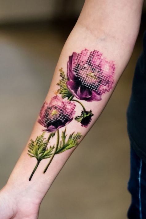 Cross-stitch botanical illustration purple pink anemone flowers tattoo Stitch Flower Tattoo, Anemone Tattoo, Cross Stitch Tattoo, Cross Stitch Flower, Meaningful Symbols, Pink Tattoo, Unicorn Tattoos, Forearm Tattoo Women, Anemone Flower