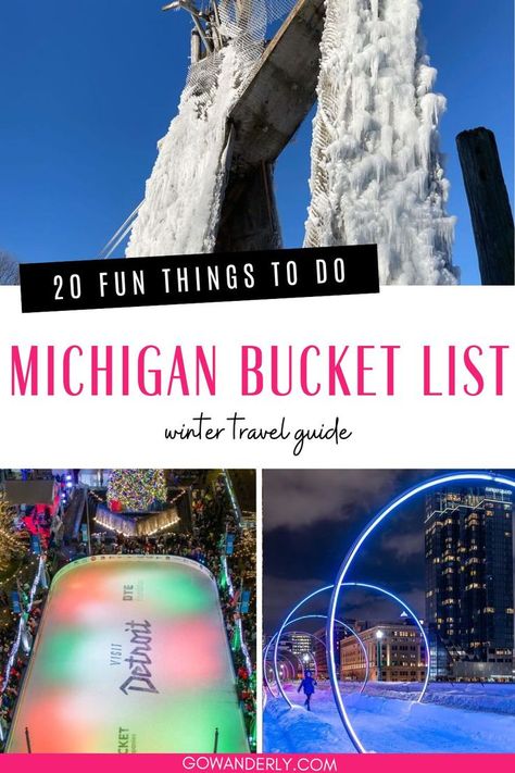 Find 20 fun winter activities in Michigan, from ice skating to exploring small towns, perfect for a weekend getaway. Best Places To Visit In Michigan, Michigan Weekend Getaways, Michigan Winter Getaways, Bellaire Michigan, Interlochen Michigan, Michigan Bucket List, Winter Weekend Getaway, Michigan Christmas, Winter List