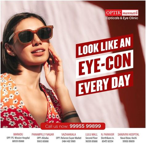 Shop stylish eyewear from Optik Mannath and upgrade your style quotient. Optik Mannath l 9061385888 . . . . #optikmannath #unisexglasses #CyclingSunglasses #EyeTest #EyeCheckup #opticalshop #optics #rayban #MauiJim #Vogue #ernakulam #brands #sunglasses #eyewear #lens #eyewearfashion Eyewear Branding, Eyewear Advertising, Eyewear Ad, Eyewear Photography, Eyewear Campaign, Optical Shop, Cycling Sunglasses, Social Ads, It Cosmetics Brushes