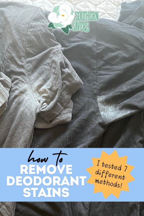 Give those T-shirts new life by getting all that unattractive buildup out of the armpits! See my results from testing 7 ways to remove deodorant stains. via @southernsavers How To Get Bo Smell Out Of Shirts, Get Deodorant Stains Out Of Clothes, Yellow Armpit Stain Remover, Removing Armpit Stains From Clothes, Removing Deodorant Buildup Clothing, Deodorant Stain Removal, How To Remove Deodorant From Clothes, Remove Deodorant Buildup Clothing, Deodorant Stains How To Get Rid Of