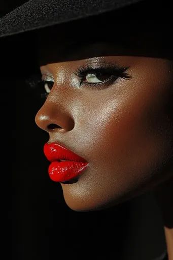 ↑↑↑ Larger size on website 🔸 The image is a close-up of a woman's face. She is wearing a black hat that casts shadows over her fa Bold Eyeliner Looks, Bold Eyeliner, Dramatic Eyes, Dramatic Lighting, Bold Makeup, Hiding Face, Eyeliner Looks, Black Eyeliner, Art Creativity