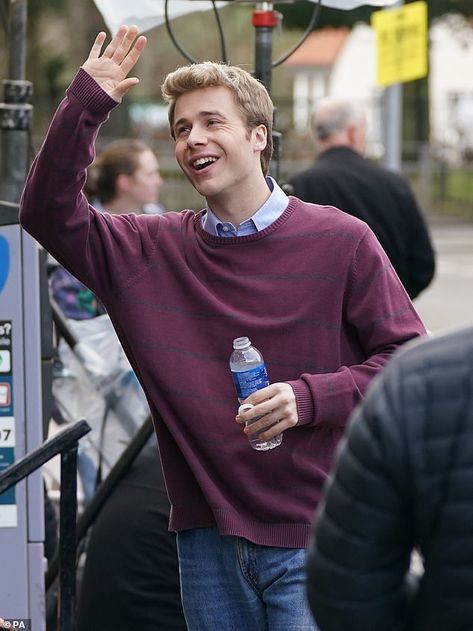 He was pictured sitting inside the pub before being snapped leaving - and was also captured cheerily waving to someone while holding a bottle of water seemingly between scenes Ed Mcvey, Scottish Seaside, Jonathan Pryce, A Bottle Of Water, Imelda Staunton, Eton College, Burgundy Hat, Netflix Dramas, Bottle Of Water