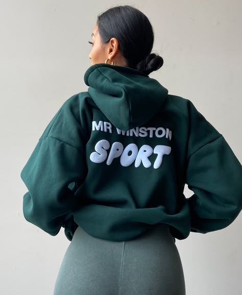 Green Hoodie Aesthetic, Mr Winston Hoodie, Green Sweatshirt Outfit, Green Hoodie Outfit, Hoodies Green, Puff Print Hoodie, Puff Hoodie, Dark Green Hoodie, Hoodie Design Ideas