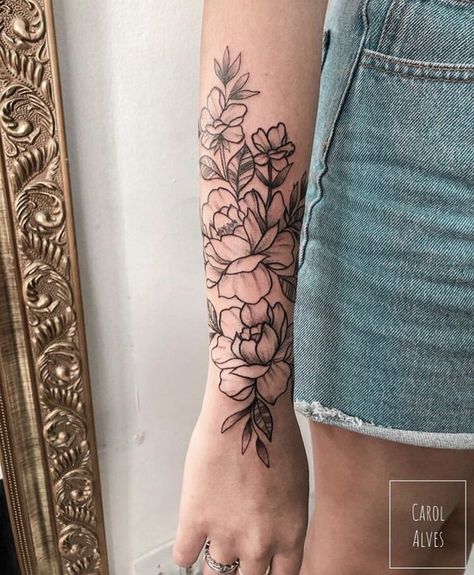 Fineline Tattoo Ideas Forearm, Floral Lower Arm Tattoo, Flower Lower Arm Tattoo, Girly Forearm Tattoo, Lower Forearm Tattoo Woman, Forearm Flower Tattoo Women, Women’s Forearm Tattoo, Lower Arm Tattoos For Women, Floral Forearm Tattoo