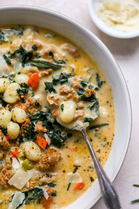 Creamy Italian Sausage Gnocchi Soup - Yes to Yolks Italian Gnocchi Soup, Crock Pot Sausage Gnocchi Soup, Healthy Gnocchi Soup Recipes, Ground Sausage Gnocchi Recipes, Sausage Gnocchi Soup Crockpot, Soup Italian Sausage, Beef Gnocchi Soup, Italian Sausage And Gnocchi Recipes, Gnocchi Sausage Recipes