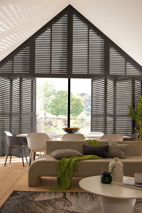 Blinds For Gable End Window, Triangle Window Shutters, Apex Window Dressing, Gable End Windows, Apex Windows, Glazed Gable, Luxury Blinds, Living Room Shutters, Triangle Window