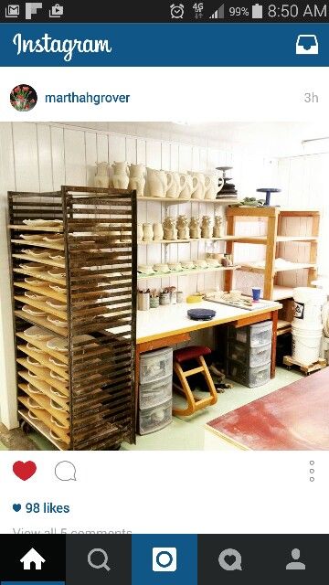 Martha Grover's studio Tiny Art Studio Space Basement, Home Ceramic Studio Work Spaces, Small Home Ceramic Studio, Small Ceramic Studio Ideas, Small Space Pottery Studio, Pottery Space At Home, Home Pottery Studio Ideas, Pottery Studio Ideas Spaces, Small Pottery Studio Ideas