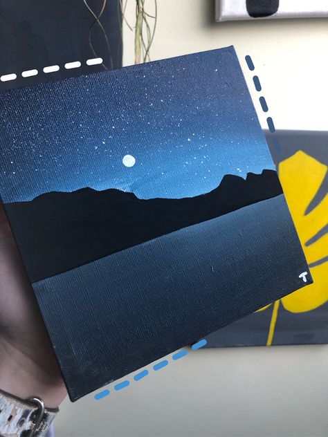 Mini Canvas Sky Paintings, Night Sky Easy Painting, Night Drawing Easy, Big Canvas Painting Ideas Easy, Night Sky Painting Easy, Sky Painting Acrylic, Easy Nature Paintings, Square Canvas Art, Ideas For Painting