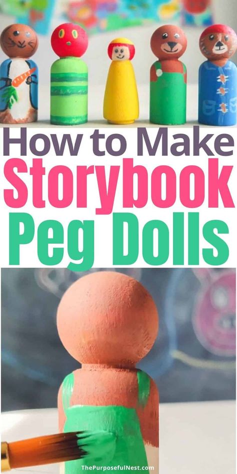 Looking for a Cordouroy book craft and activity. Make DIY peg dolls. Perfect craft for picture book characters like Madeline and Peter Rabbit. Paint Peg Dolls, Craft For Children, Wooden Peg Dolls, Doll Storage, Wood Peg Dolls, Storybook Characters, Doll Diy Crafts, Peg People, Clothespin Dolls