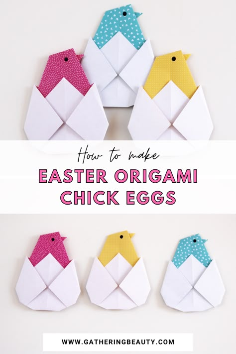 How to make Easter origami chick eggs. Origami Chicken, Origami Egg, Easter Origami, Bunny Origami, Origami Bunny, Easter Chick Craft, Origami Rabbit, Easter Paper Crafts, Origami Cards