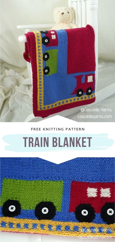 Train Blanket Free Knitting Pattern This pattern is so simple and yet so awesome! Amy Bahrt designed a classic knitted blanket for Cascade Yarns, now it's time for you to make your own versions! #knitblanket #knitbabyblanket #freeknittingpattern Crochet Train Blanket Free Pattern, Crochet Train Blanket, Train Crochet Blanket, Train Knitting Pattern, Knitting Ideas Creative, Baby Haken, Easy Blanket Knitting Patterns, Knit Baby Blanket Pattern Free, Boys Knitting Patterns Free