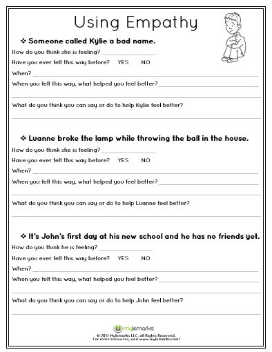 Mylemarks Worksheets, Empathy Worksheets For Kids, Empathy Scenarios, School Counseling Worksheets, Empathy Worksheet, Therapy Activity For Kids, Empathy Activities For Kids, Social Emotional Worksheets, Emotional Regulation Worksheets