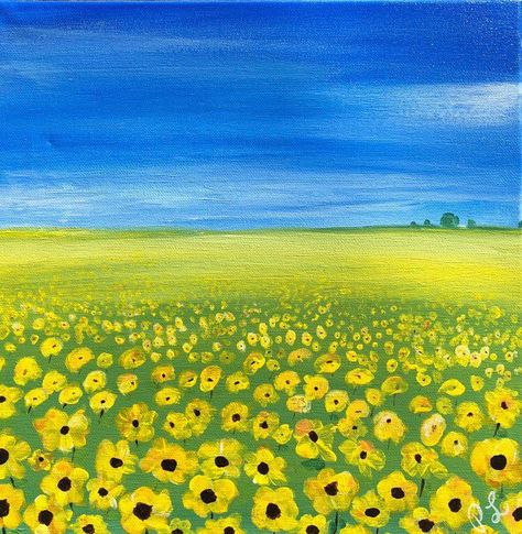 Painting Sunflower Field, Field Of Yellow Flowers, Yellow Flowers Painting, Field Paint, Garden Mural, Yellow Sunflowers, Scenery Paintings, Painting Easy, Sunflower Field