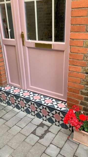 Painted Concrete Front Steps, Cinder Rose Front Door, Tiled Front Steps, Tiled Doorstep, Tiled Front Door Step, Painted Front Steps, Tiled Door, Doorstep Tiles, Front Door Steps Ideas