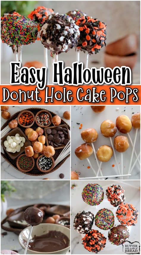 Easy Halloween Cake Pops Ideas, Cake Pops Halloween Easy, Halloween Donut Holes, Donut Hole Cake Pops, Fun Donut Ideas, Halloween Donut Decorating Ideas, Halloween Desserts Easy Simple, Donut Hole Cake, Donut Pops