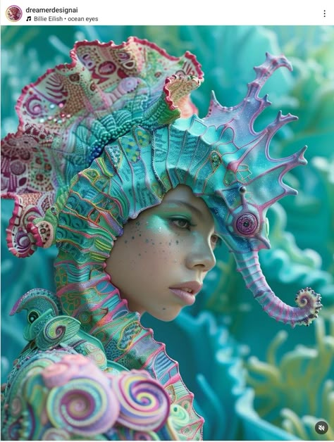 Ocean Animal Costumes, Seahorse Headpiece, Sea Creature Outfit, Sea Horse Costume, Seahorse Fashion, Seahorse Costume, Enchantment Under The Sea, Queen Elizabeth Coronation, Elizabeth Coronation