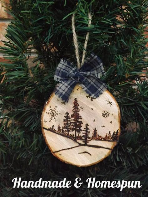 Winterscape Ornament Pyrography by http://handmadeandhomespun.weebly.com/handicrafts.html Wood Slice Crafts, Wood Burning Crafts, Wood Burning Art, Wood Slice Ornament, Navidad Diy, Wooden Ornament, Christmas Wood, Wood Ornaments, Xmas Ornaments