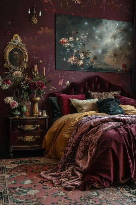 1920s Art Deco Bedroom, Romantic Room Ideas, Whimsigoth Bedroom, 1920s Bedroom, Romantic Bedroom Colors, Moody Romantic Bedroom, Purple Bedroom Decor, Layered Bedding, Fall Bedroom Ideas