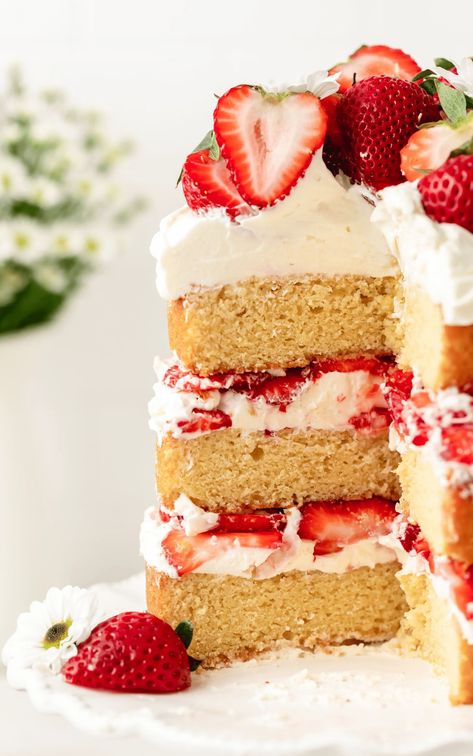 Summer Themed Cakes, Strawberry Shortcake Layer Cake, Whipped Mascarpone, Macerated Strawberries, Shortcake Cake, Mascarpone Frosting, Strawberry Shortcake Cake, Cake Strawberry, Layer Cake Recipes